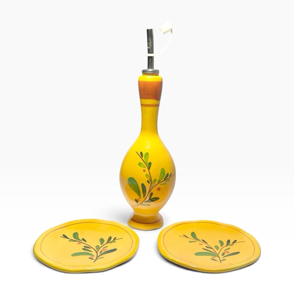 Ceramic Yellow & Orange Olive Oil Dispenser Cruet Bottle w/ 2 Appetizer Plates